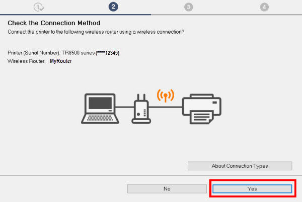 Setup connection screen with Yes selected